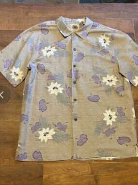 Men's Pussers West Indies Sz Med Grey & Purple 100% Silk Short Sleeve Shirt
